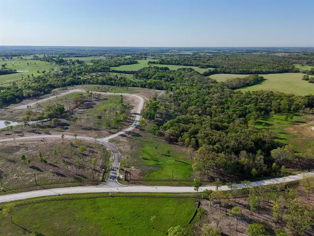 an aerial view of residential houses with outdoor space and trees