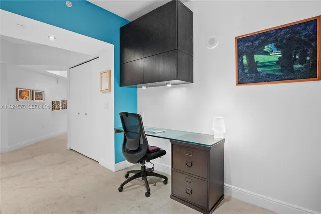 a view of workspace with windows wall painting and furniture