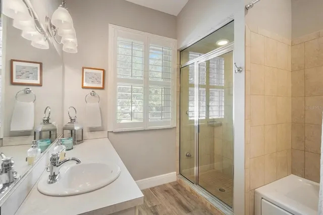 a bathroom with a sink and a mirror