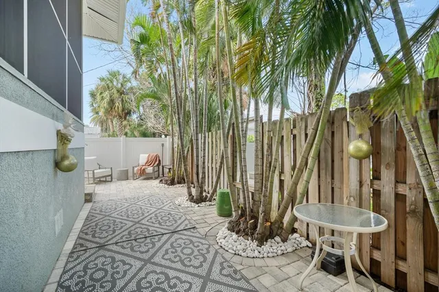 a backyard of a house with table and chairs