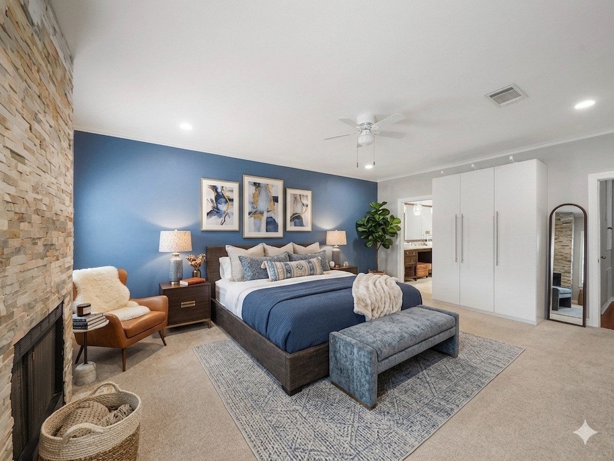 *Virtually staged* Open and airy primary bedroom with abundant space for personalization.