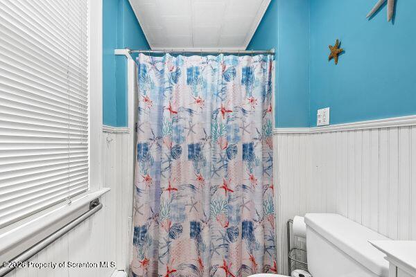 338 Point Road Factoryville, PA 18419 - Photo 49 of 55 a bathroom with a shower curtain and a toilet