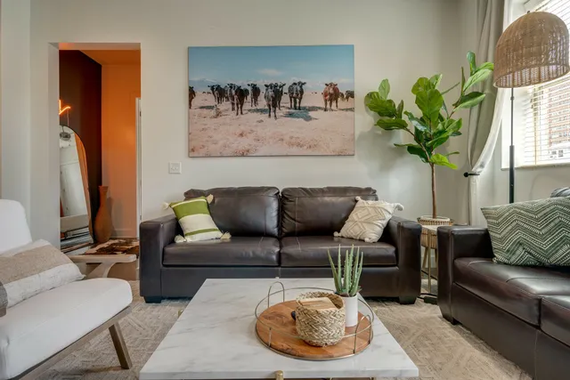 a living room with furniture and a potted plant