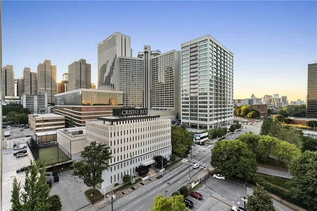 a view of city with tall buildings