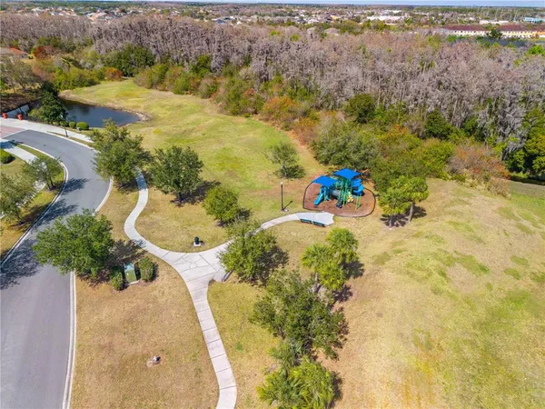 a view of a street with large trees