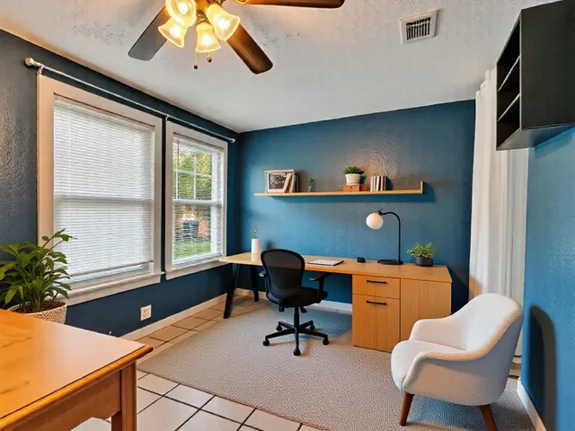a work room with furniture and windows