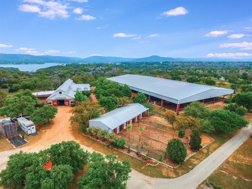 an aerial view of a house with a garden