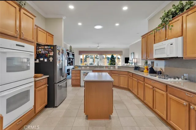 a kitchen with stainless steel appliances granite countertop a refrigerator a stove and a sink