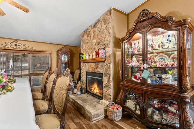 a living room with fireplace furniture and a fireplace