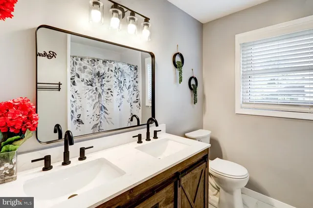 a bathroom with a sink vanity mirror and toilet