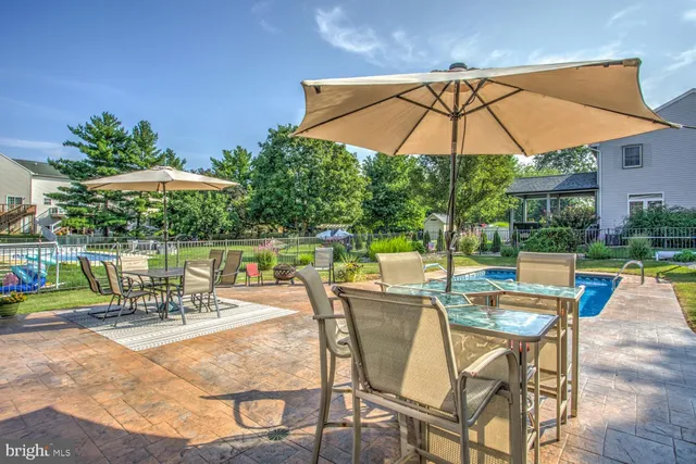 a swimming pool with outdoor seating yard and patio