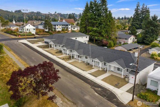an aerial view of a house with a garden