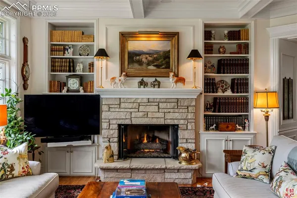 a living room with a fireplace a flat screen tv and a bookshelf
