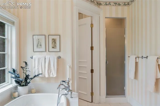 a bath room with a bathtub and a shower