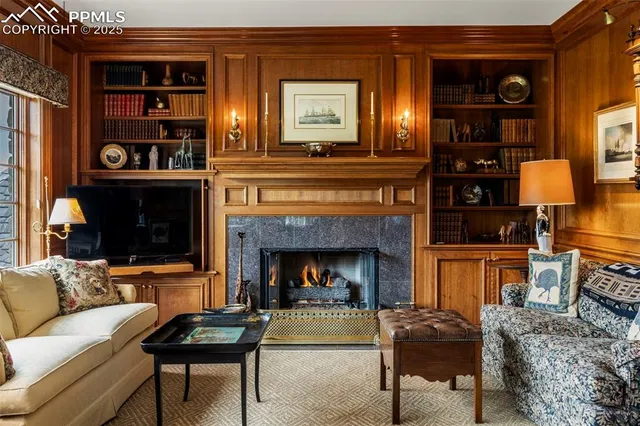 a living room with furniture and a fireplace