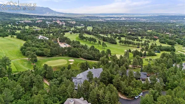 a view of a city with lush green forest