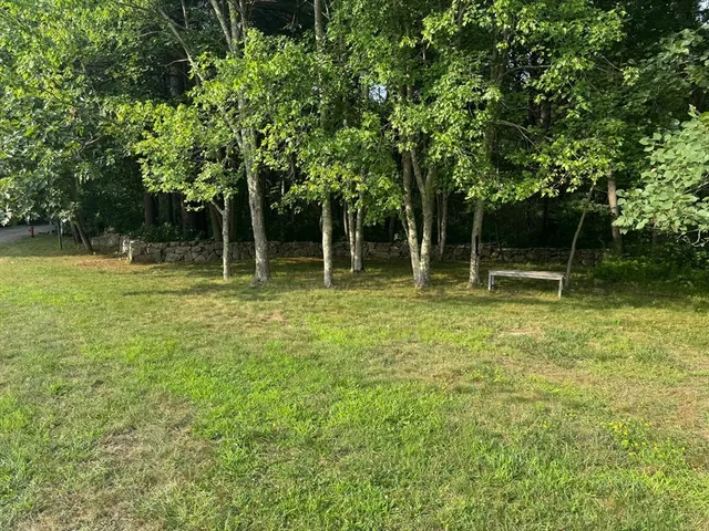 a backyard of a house with lots of green space and fountain