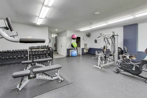 a living room with furniture a rug and gym equipment