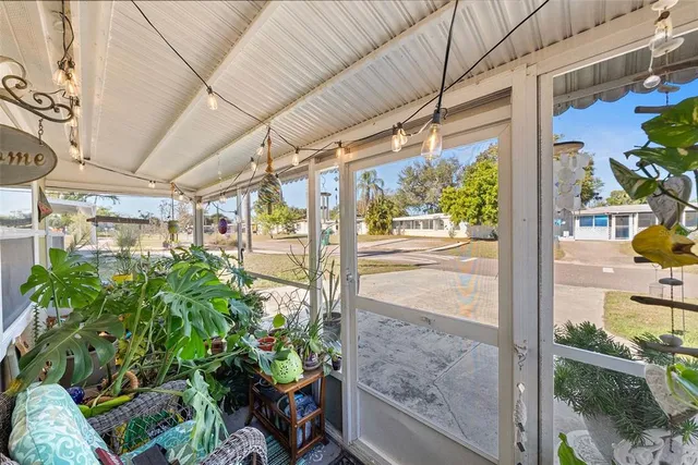 a view of a porch with a potted plant