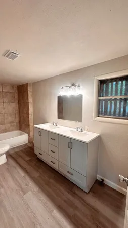 a bathroom with a double vanity sink and mirror