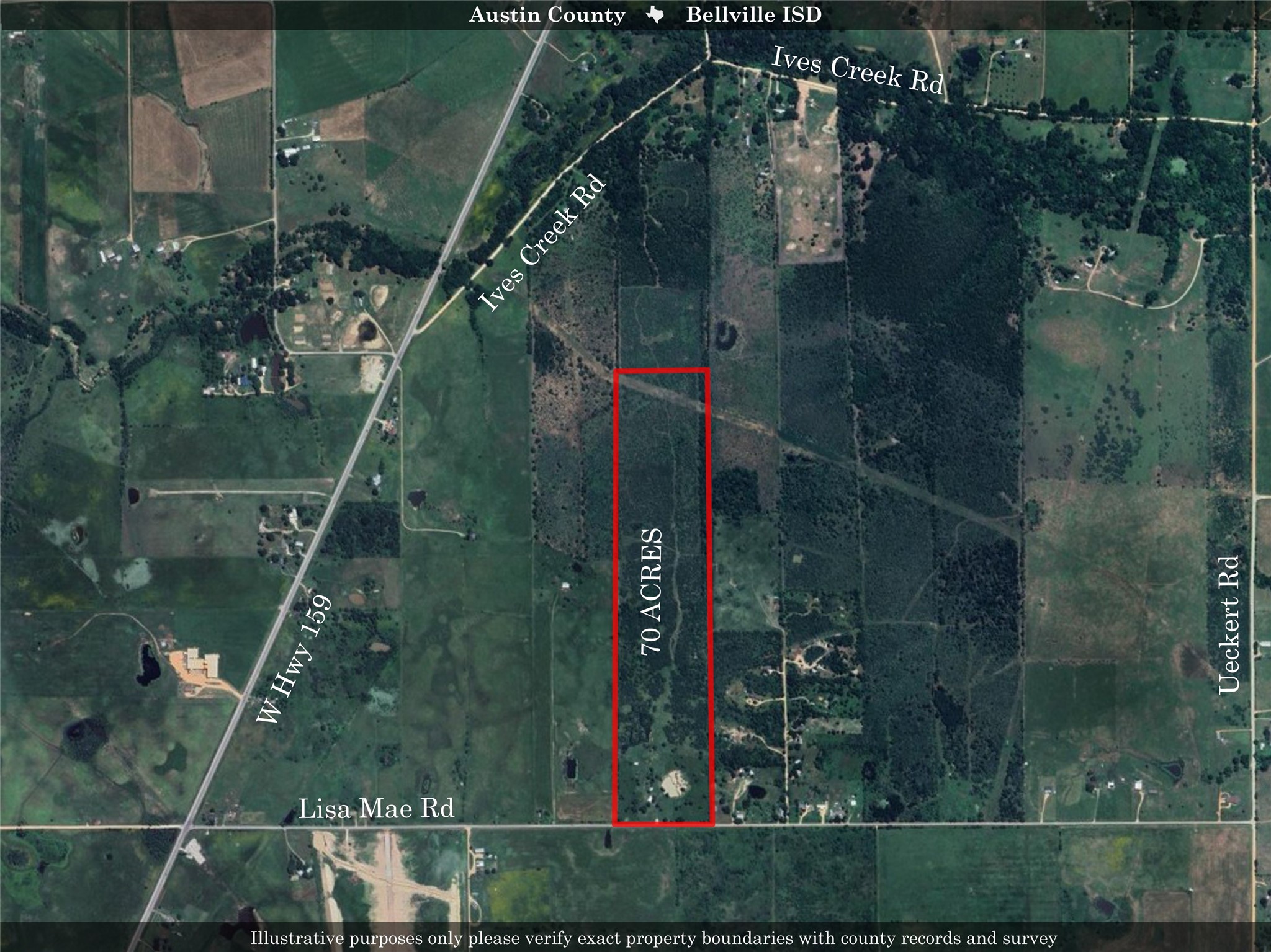 868 Lisa May Road Bellville, TX 77418 - Photo 31 of 39 Top-down map view showing the property's location near W Hwy 159, Ueckert Rd, and Ives Creek Rd highlighting convenient access points around this 70-acre Bellville estate