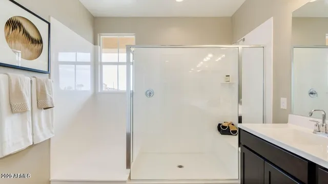 a bathroom with a shower a mirror and a sink