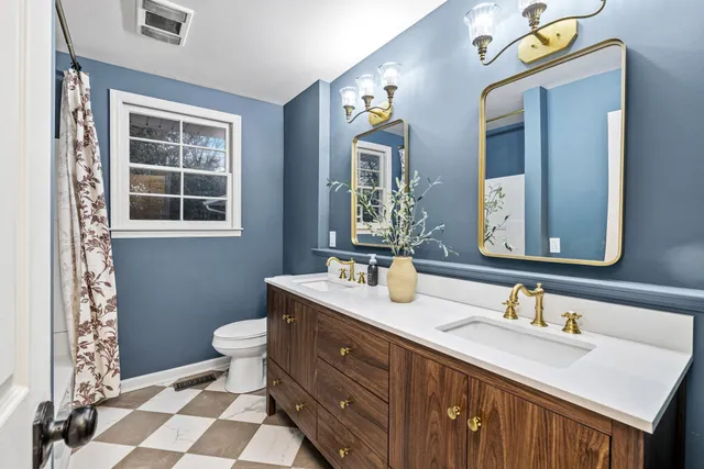 a bathroom with a sink a toilet a mirror a vanity and shower