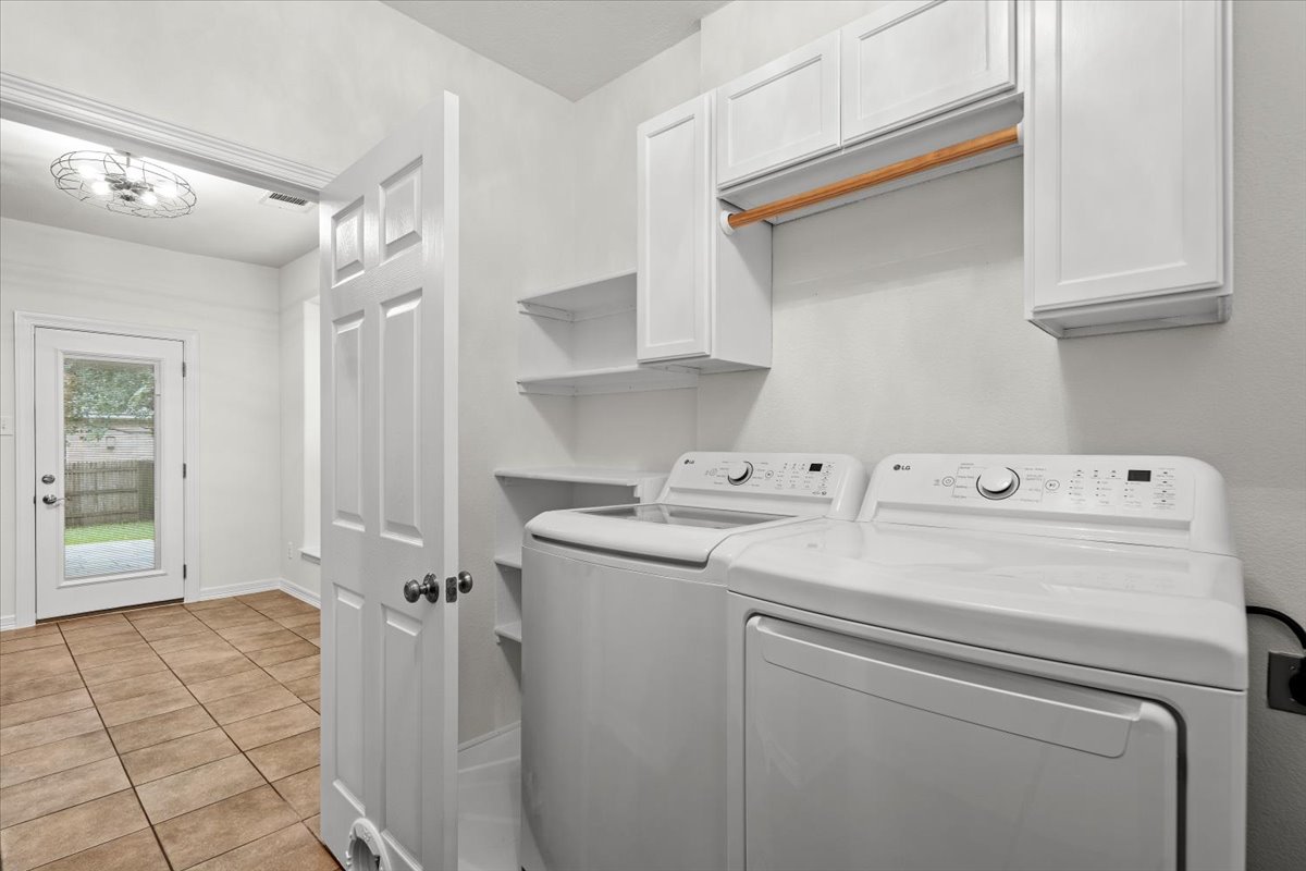2304 Village View Loop Pflugerville, TX 78660 - Photo 12 of 40 A dedicated laundry space featuring convenient shelving and direct backyard access.