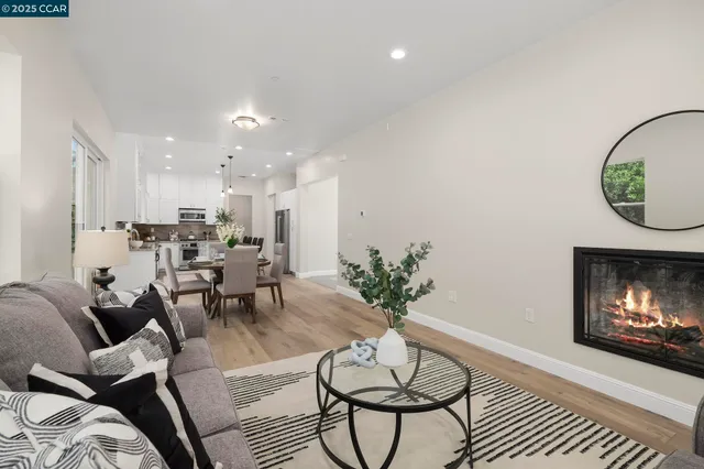 a living room with furniture a fireplace and a potted plant