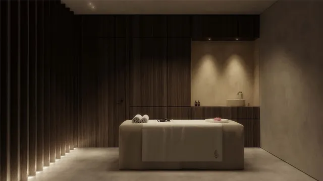 a lobby with furniture