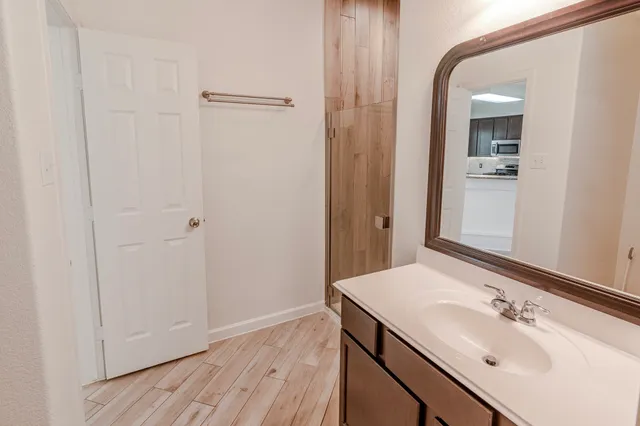 a bathroom with a sink and a mirror