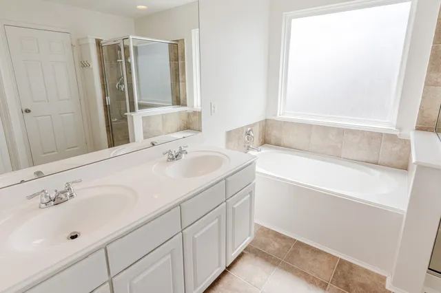 a bathroom with double vanity sink and a mirror