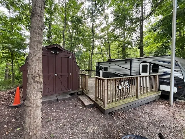 a view of a small yard with large trees and wooden fence
