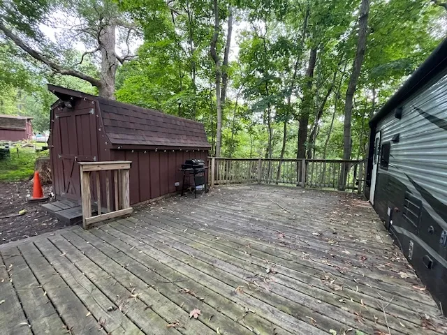 a view of backyard with wooden deck and a large tree
