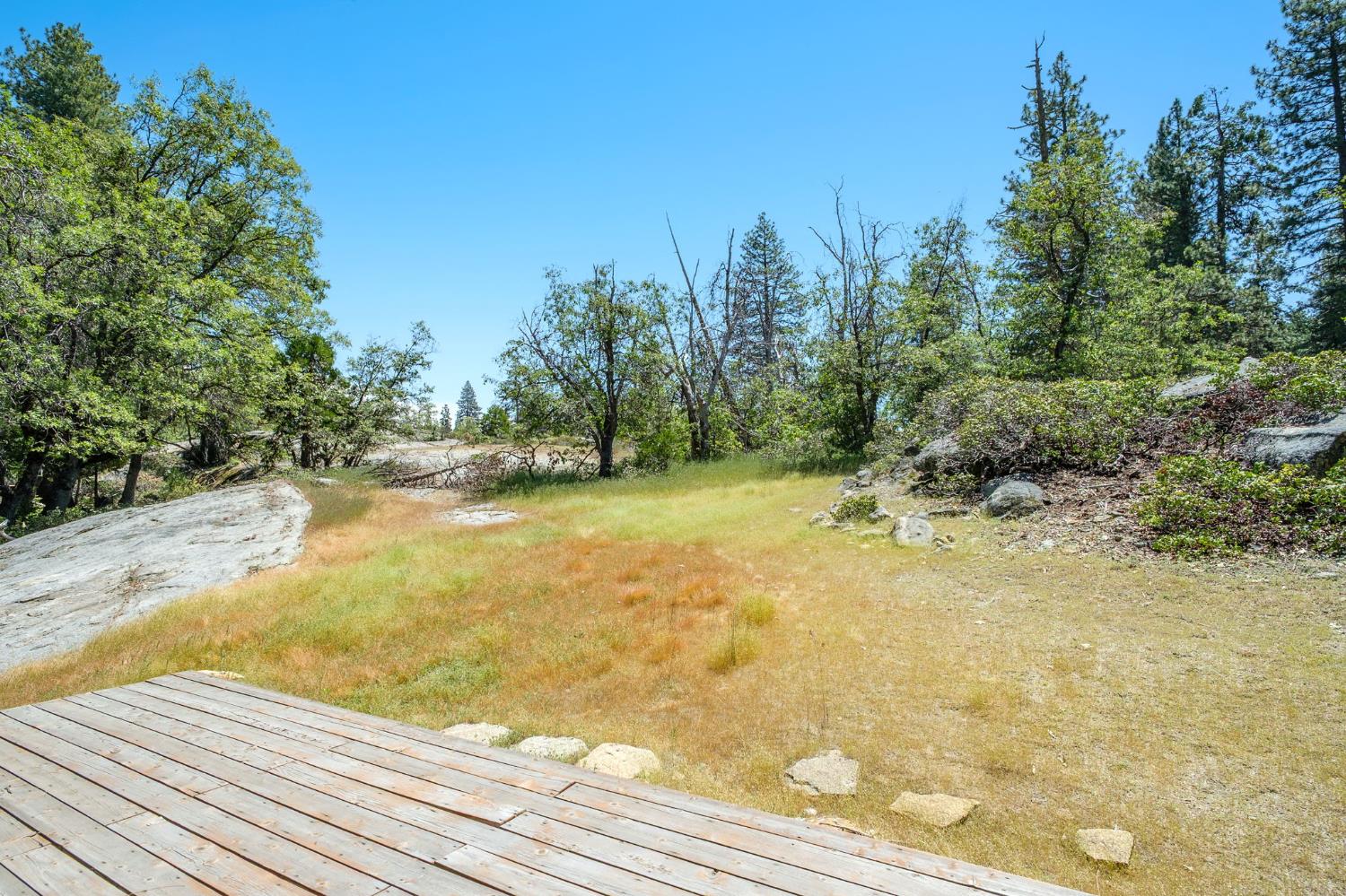 42488 Rock Ledge Road Shaver Lake, CA 93664 - Photo 4 of 26 a view of yard with swimming pool and trees in the background