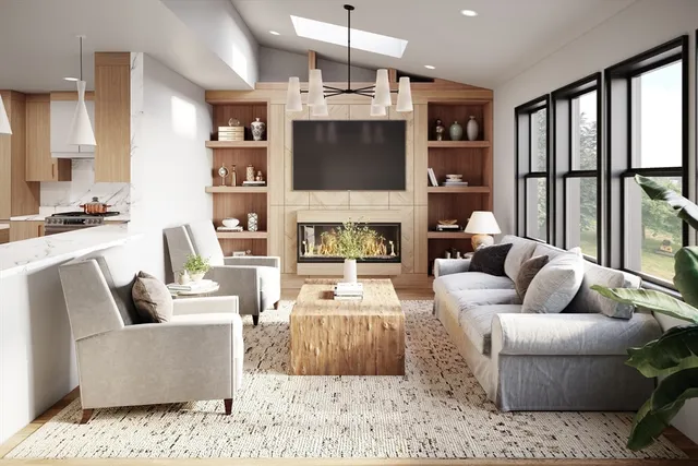 a living room with furniture fireplace and a flat screen tv