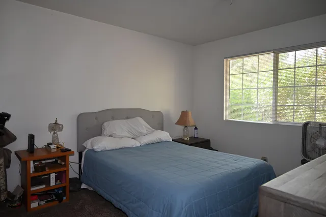 a bedroom with a bed and a window