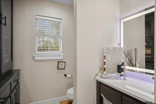 a bathroom with a sink a toilet and mirror