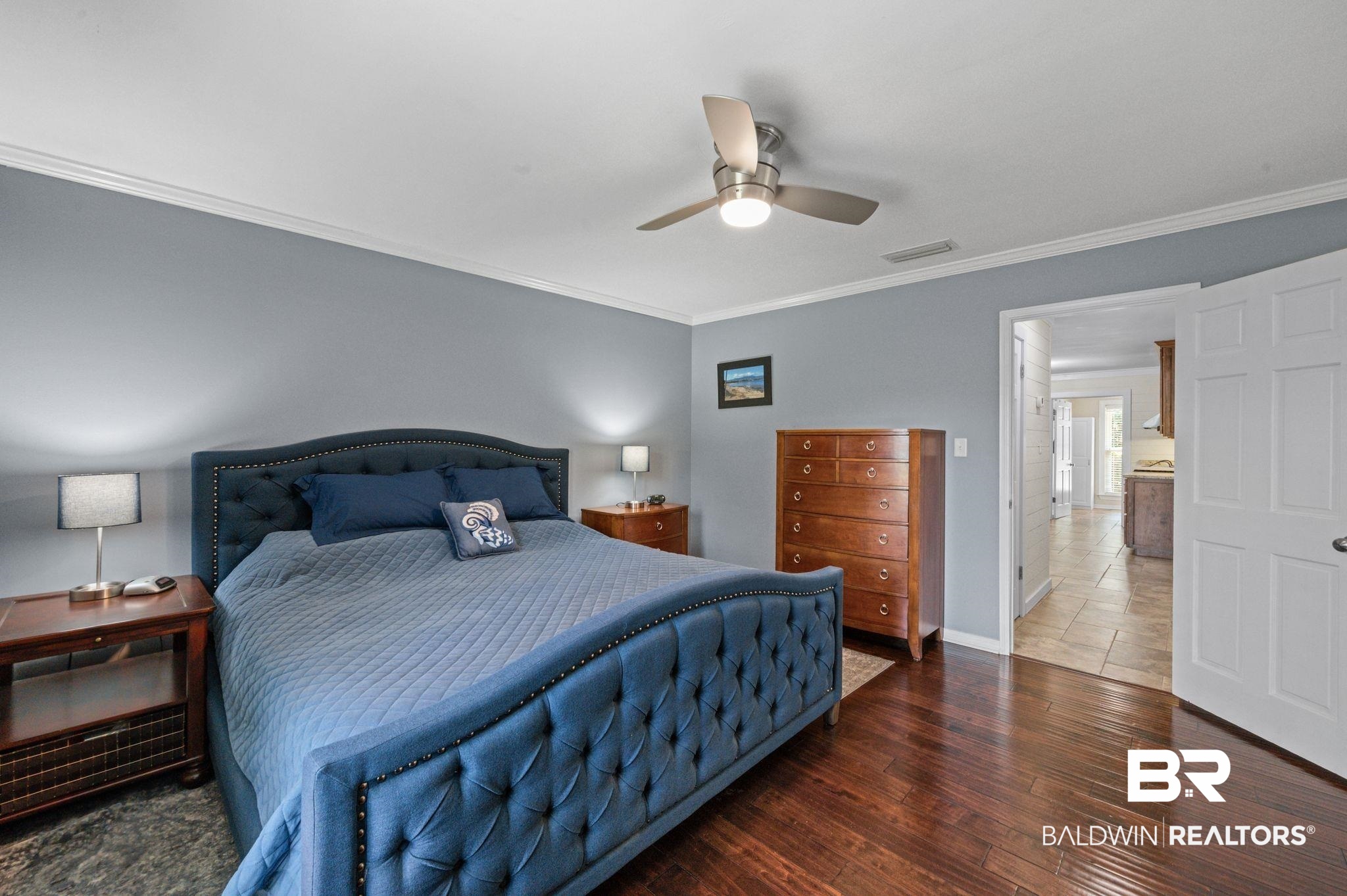 20037 County Road 33 Fairhope, AL 36532 - Photo 22 of 79 Bedroom with ceiling fan, crown molding, and dark hardwood / wood-style floors