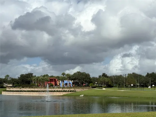a view of swimming pool and trees in the background