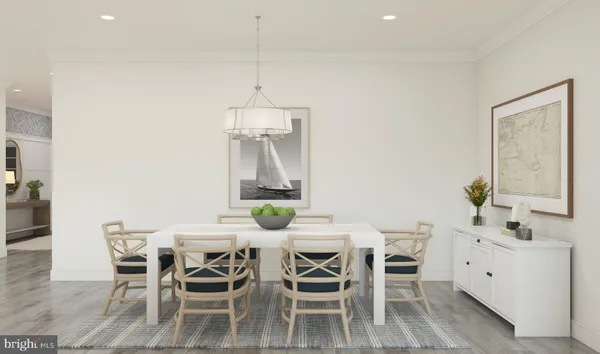 a view of a dining room with furniture and a chandelier