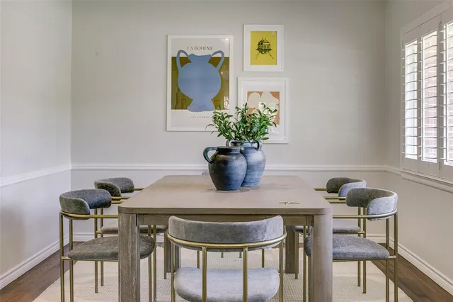 a view of a dining room with furniture and window