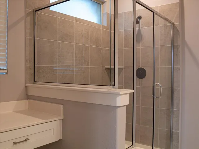 a bathroom with a shower and a sink