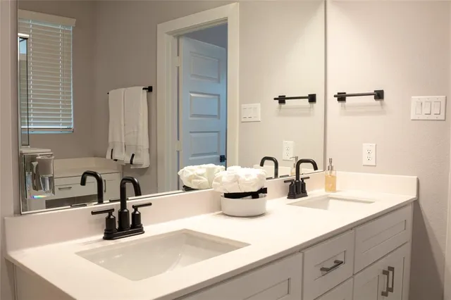 a bathroom with a sink and a large mirror
