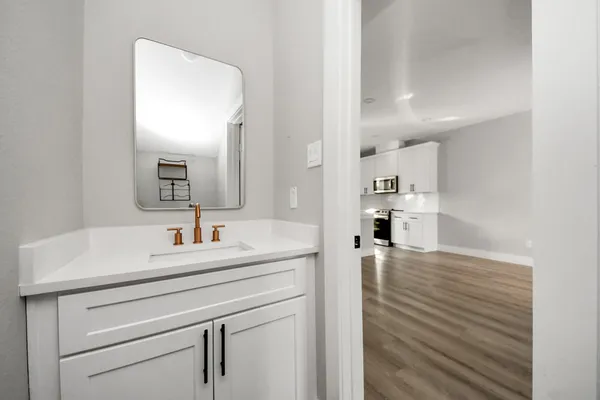 a bathroom with a sink vanity and a mirror
