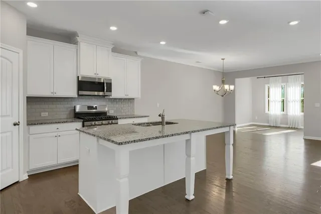 a kitchen with stainless steel appliances granite countertop a stove a sink and a refrigerator