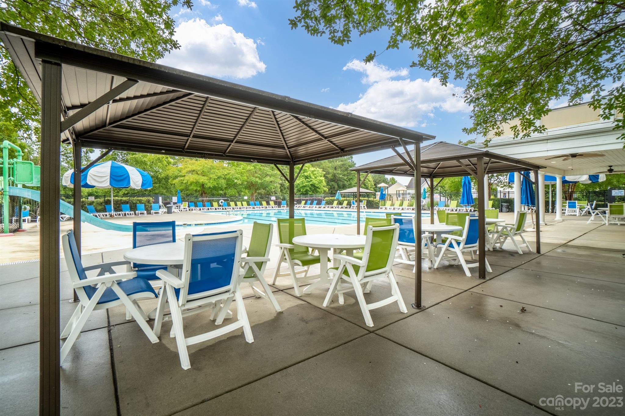 13723 Porter Creek Road Charlotte, NC 28262 - Photo 35 of 40 a view of patio with chairs and table under an umbrella with a small yard