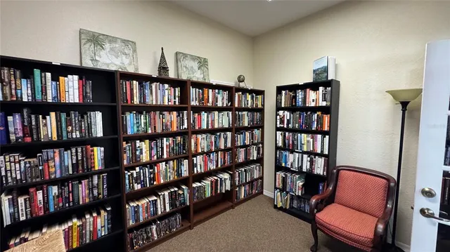 a room with a book shelf and a couch