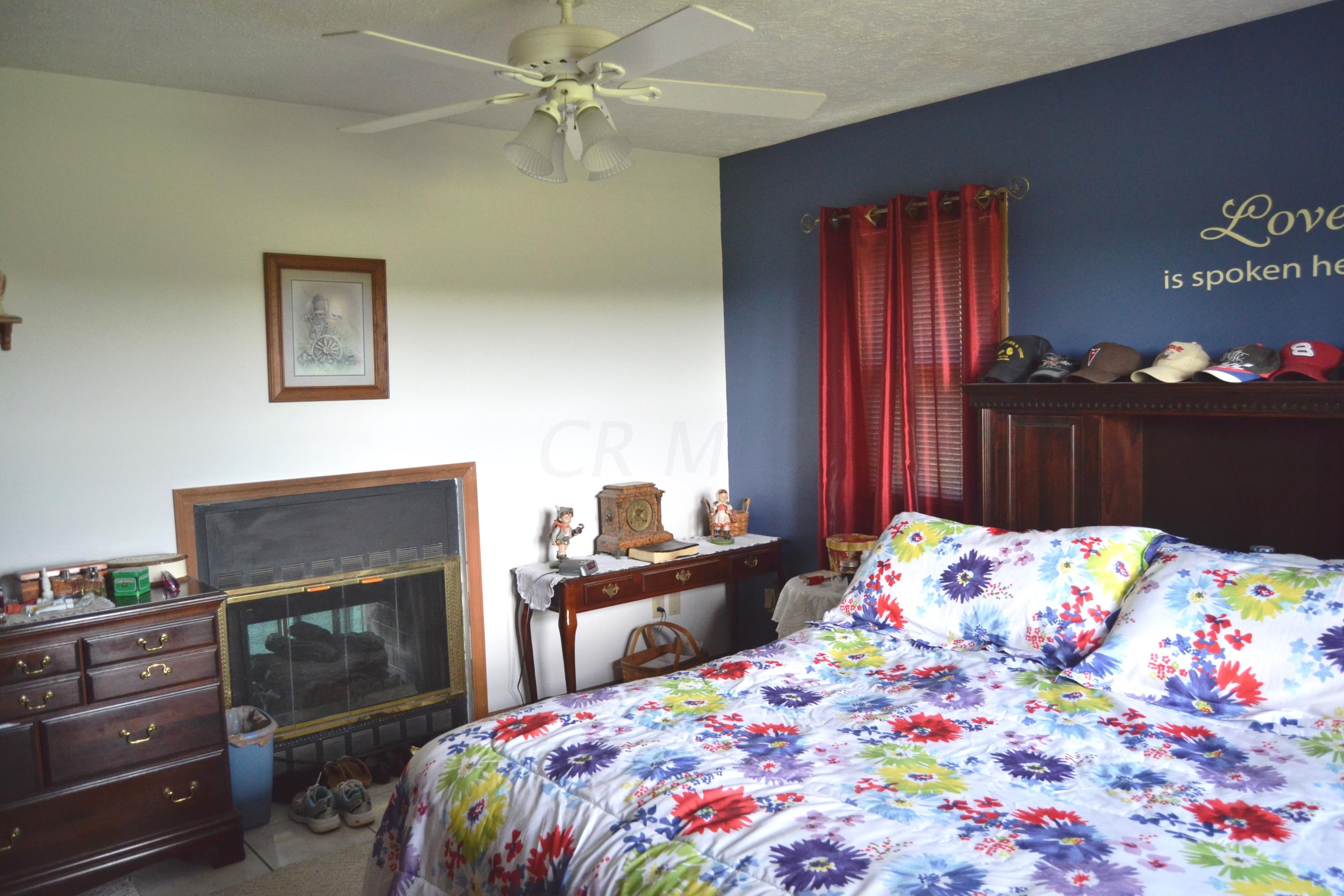 9000 Welsh Road Radnor, OH 43066 - Photo 12 of 28 First floor owner's bedroom with a 2 sided propane gas fireplace, lighted ceiling fan and conveniently located hall bath with heated floor.