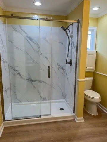 a bathroom with a shower and a toilet